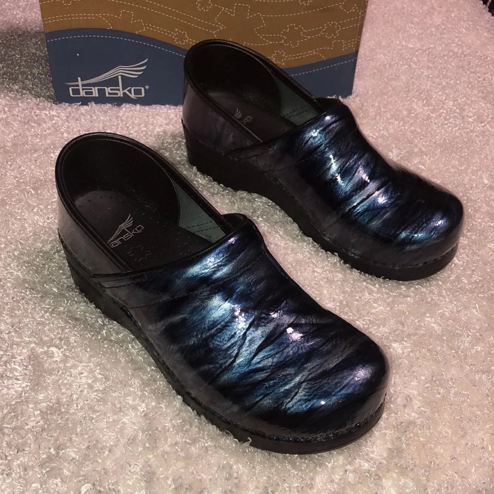 Dansko Professional Navy Crinkle Patent Leather Clogs